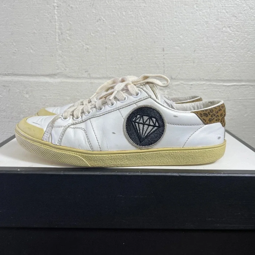 Saint‎ Laurent Court Classic Diamond White Leather Leopard Womens 37.5 EU/7.5 US